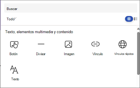 Captura de pantalla del panel para seleccionar un elemento web, que muestra Botón, Divisor, Imagen, Vínculo, Vínculos rápidos y Texto.