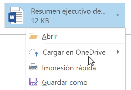 Captura de pantalla de la ventana de redacción de Outlook, en la que se muestra un archivo adjunto con el comando Cargar seleccionado.