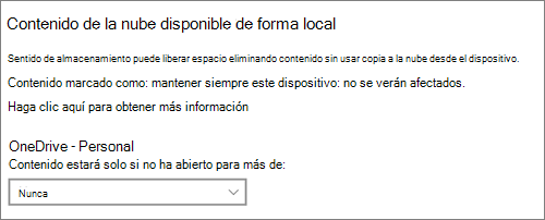 Lista desplegable almacenamiento de Windows 10 para seleccionar cuándo crear archivos de OneDrive solo en línea
