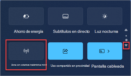 Cómo encontrar la acción rápida de zona con cobertura inalámbrica móvil en Windows 11 configuración rápida.