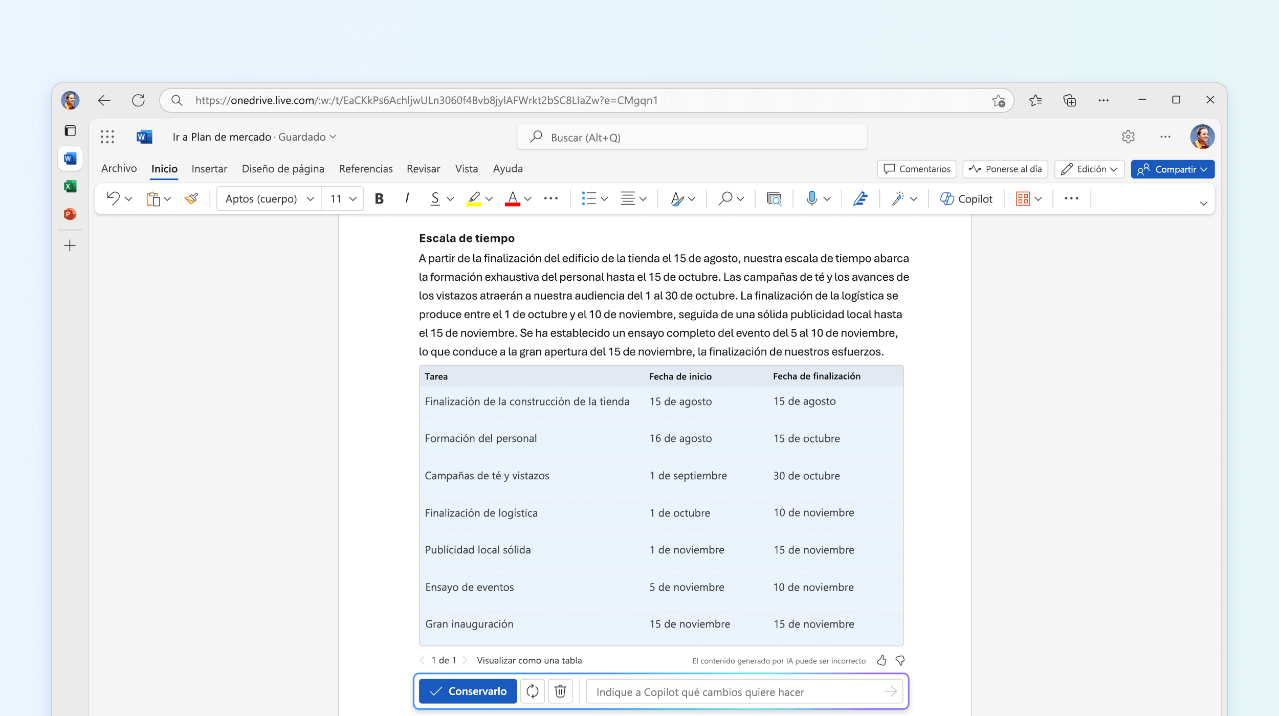 Captura de pantalla de texto a tabla en Copilot en Word