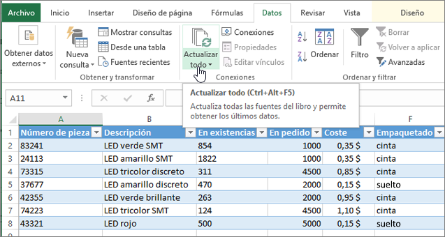 Hoja de cálculo de Excel con la lista importada y el botón Actualizar todo resaltado.