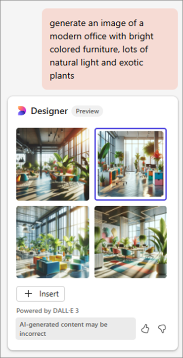 Muestra una solicitud a Copilot de una imagen de una oficina moderna con mobiliario de color, luz natural y plantas exóticas, seguida de cuatro imágenes.