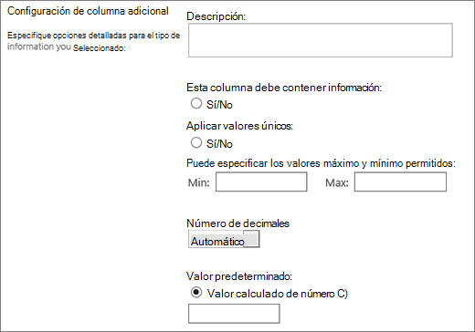 Opciones para la columna numérica