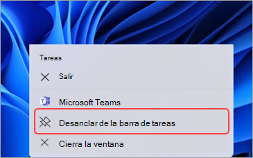 El botón de desanclar de la ventana mini Teams en la barra de tareas.