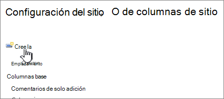 Botón Crear en la página de columnas del sitio