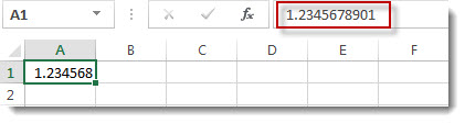 Un número redondeado en la celda A1 y el número entero visible en la barra de fórmulas.