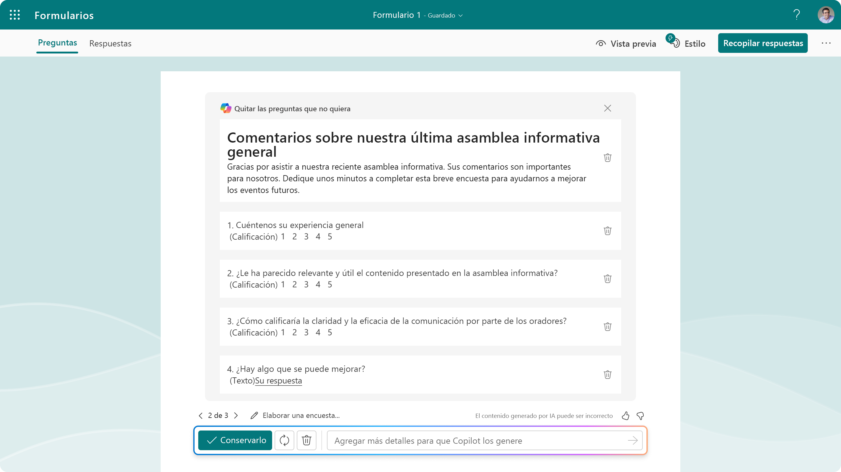 Captura de pantalla que muestra las preguntas sugeridas para Copilot en Forms