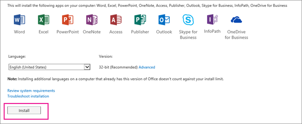 Esto es lo que verá si la versión de Skype Empresarial se incluye con otras aplicaciones de Office.