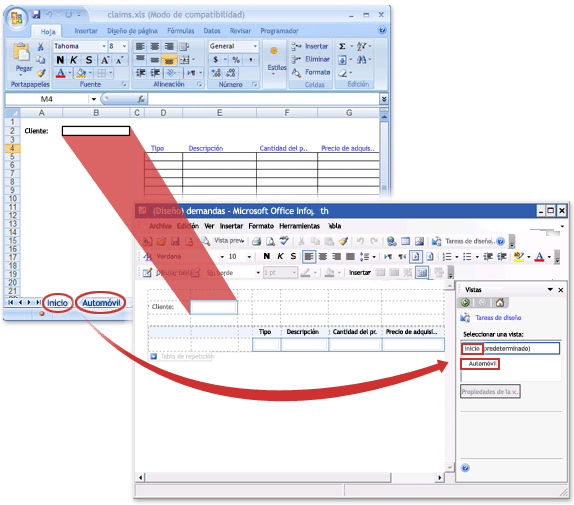 Libro de Excel antes y después de convertirse en una plantilla de formulario de InfoPath