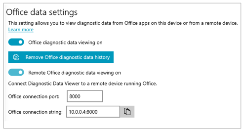 Captura de pantalla de la sección "Configuración de datos de Office" de la sección Configuración para el Visor de datos de diagnóstico