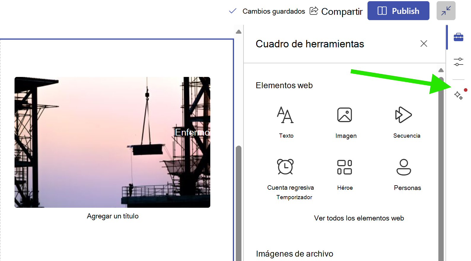 imagen de un punto rojo en la tabla dinámica de ideas de diseño, que indica una idea de diseño disponible para la sección actual