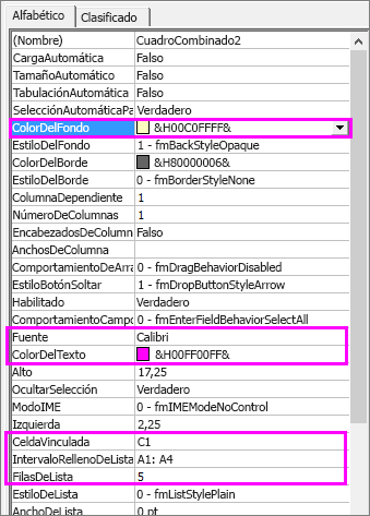 Configuración de propiedades del cuadro de combinación ActiveX.