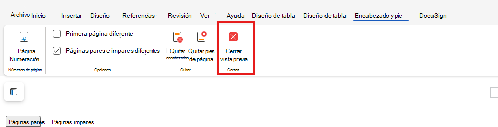 Cerrar vista previa de encabezado y pie de página en la Web