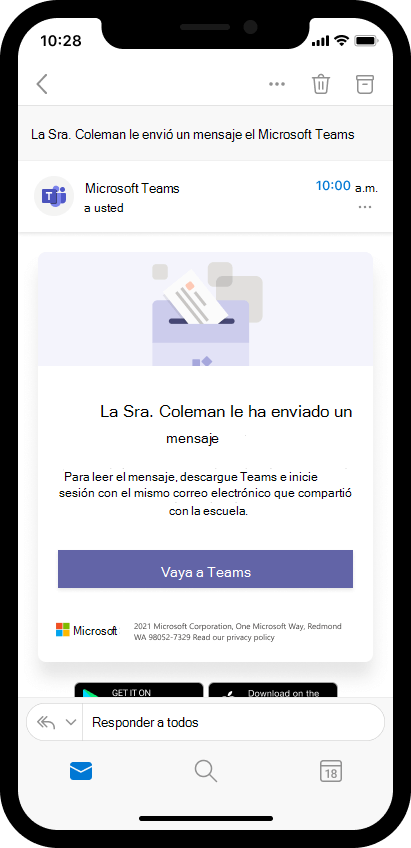 Captura de pantalla del correo electrónico en un dispositivo móvil que invita a los padres a abrir el mensaje del profesor en Teams. 