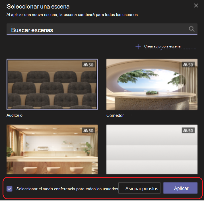 Imagen que muestra la pantalla Seleccionar una escena con la casilla Modo conferencia para todos activada en la parte inferior.