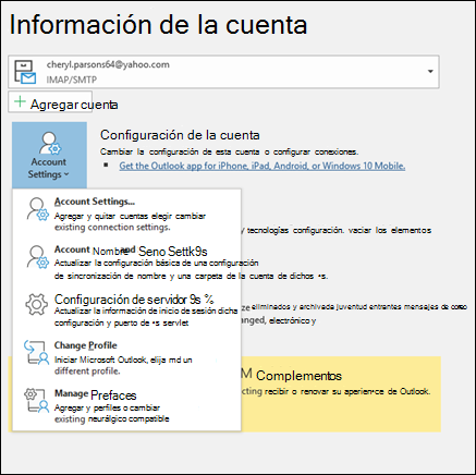 Cambiar o actualizar la configuración de la cuenta de correo electrónico en  Outlook para Windows - Soporte técnico de Microsoft