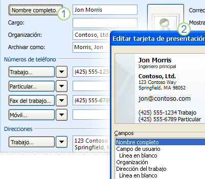 Tarjeta de presentación electrónica mostrando un subconjunto de la información del formulario de contacto relacionado