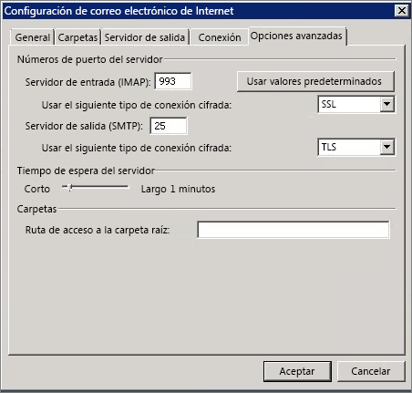 Captura de pantalla de la pestaña Avanzadas del cuadro de diálogo Configuración de correo electrónico de Internet.