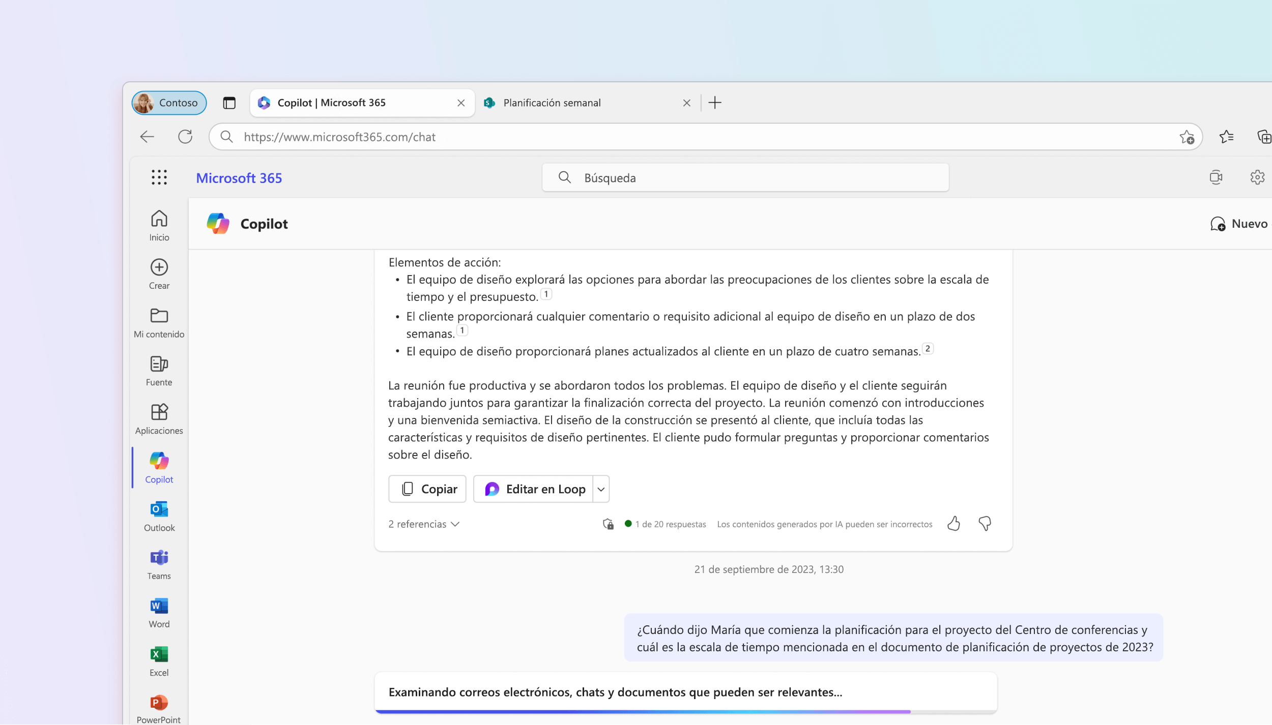 Captura de pantalla que muestra a Microsoft 365 Chat respondiendo a una pregunta sobre la planificación de un proyecto.