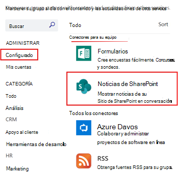 Se muestran noticias de SharePoint configuradas para un canal de teams