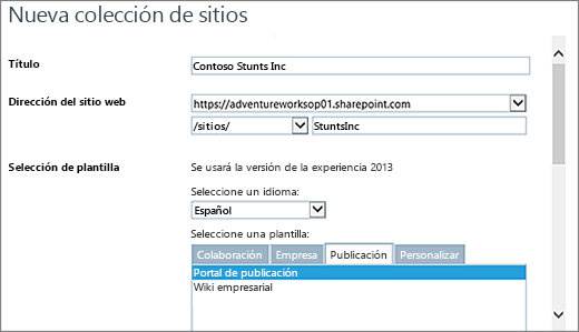 La mitad superior de diálogo Nueva colección de sitios con el portal de publicación resaltado