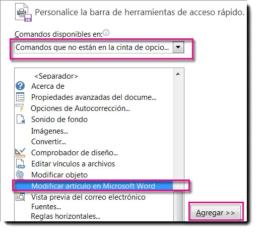 Agregue el botón Modificar artículo en Microsoft Word a la barra de herramientas de acceso rápido de Publisher.