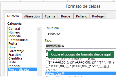 Ejemplo de uso del cuadro de diálogo que se abre con Formato > Celdas > Número > Personalizar para que Excel cree cadenas de formato automáticamente.