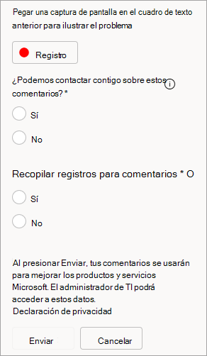 Captura de pantalla que muestra la opción para permitir el contacto y enviar registros al enviar comentarios