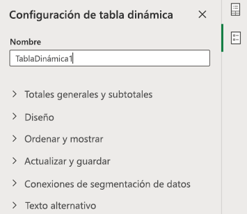 Panel Configuración de tabla dinámica en Excel para la web