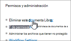 La biblioteca de documentos de eliminación en la página de configuración de la biblioteca