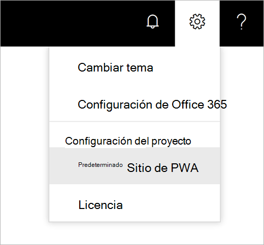 Captura de pantalla del menú del icono de engranaje de configuración con el puntero elegir sitio de PWA predeterminado