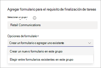 Captura de pantalla que muestra opciones para agregar un requisito de formulario a una tarea.