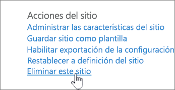 Menú Configuración del sitio con eliminar este sitio resaltado