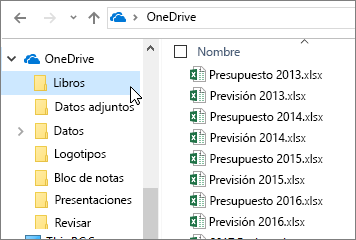 Explorador de Windows, carpeta de OneDrive, archivos de Excel