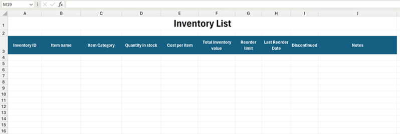 Encabezados de columna de lista de inventario de ejemplo en Excel