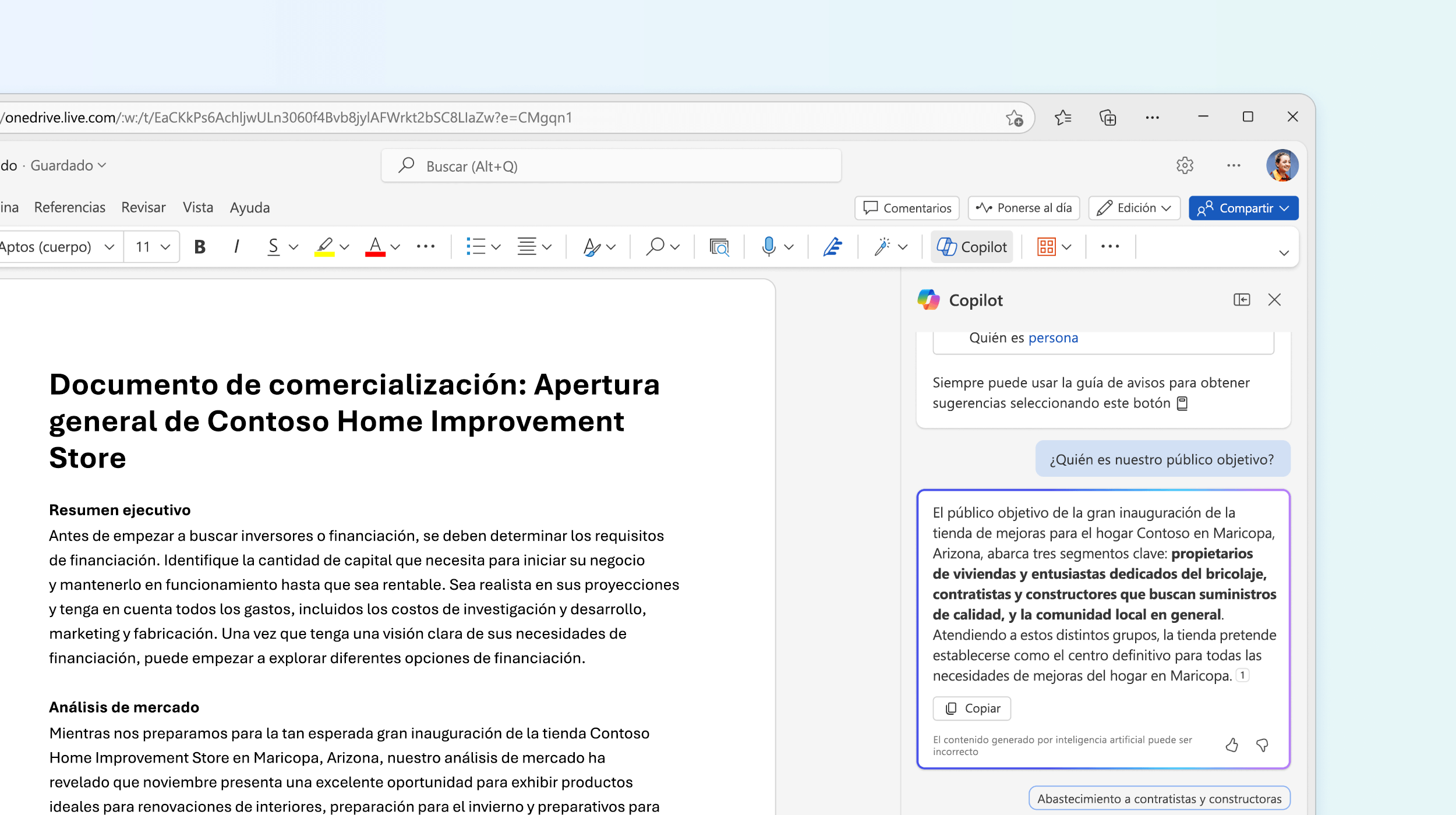 Captura de pantalla que muestra como Copilot en Word responde a una pregunta sobre el documento.