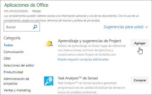 Captura de pantalla de la página de complementos de Office en la Tienda, donde puede seleccionar o buscar un complemento para Project.
