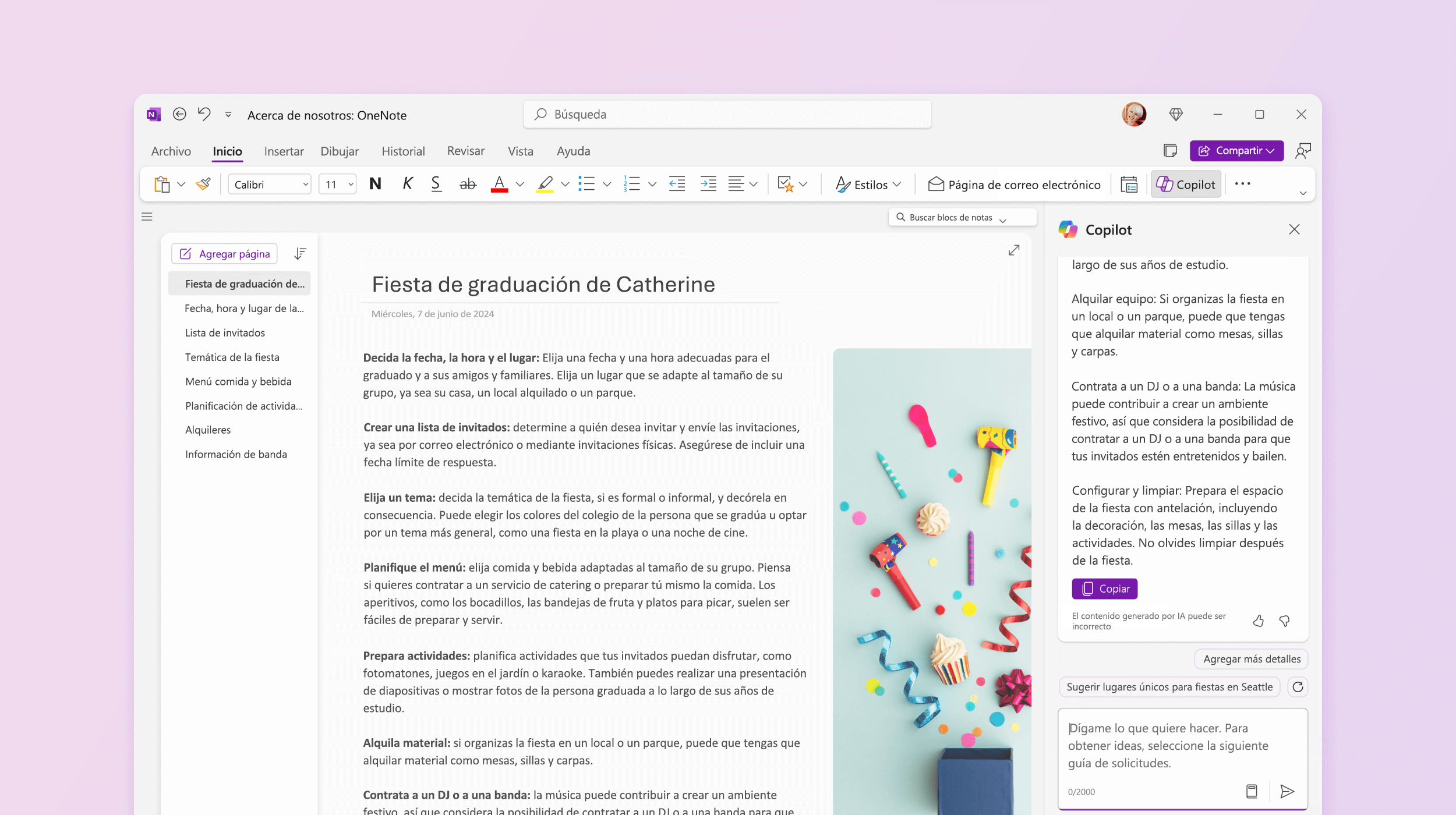 La captura de pantalla muestra Copilot en OneNote haciendo sugerencias para probar.