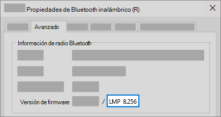 Campo de versión de LMP de Bluetooth de la pestaña Avanzadas del administrador de dispositivos.