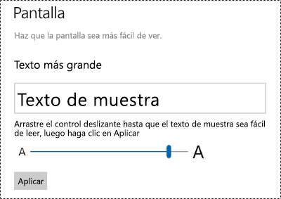 Windows Configuración de Facilidad de acceso que muestra el control deslizante Hacer que el texto sea más grande en la pestaña Mostrar.