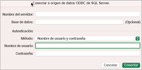 El cuadro de diálogo SQL Server para especificar el servidor, la base de datos y las credenciales