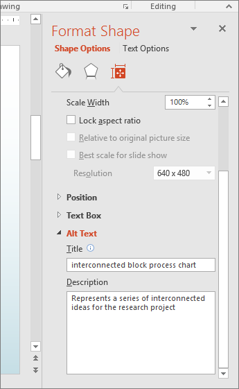 Captura de pantalla del panel Formato de forma con los cuadros de texto alternativo que describe la imagen seleccionada