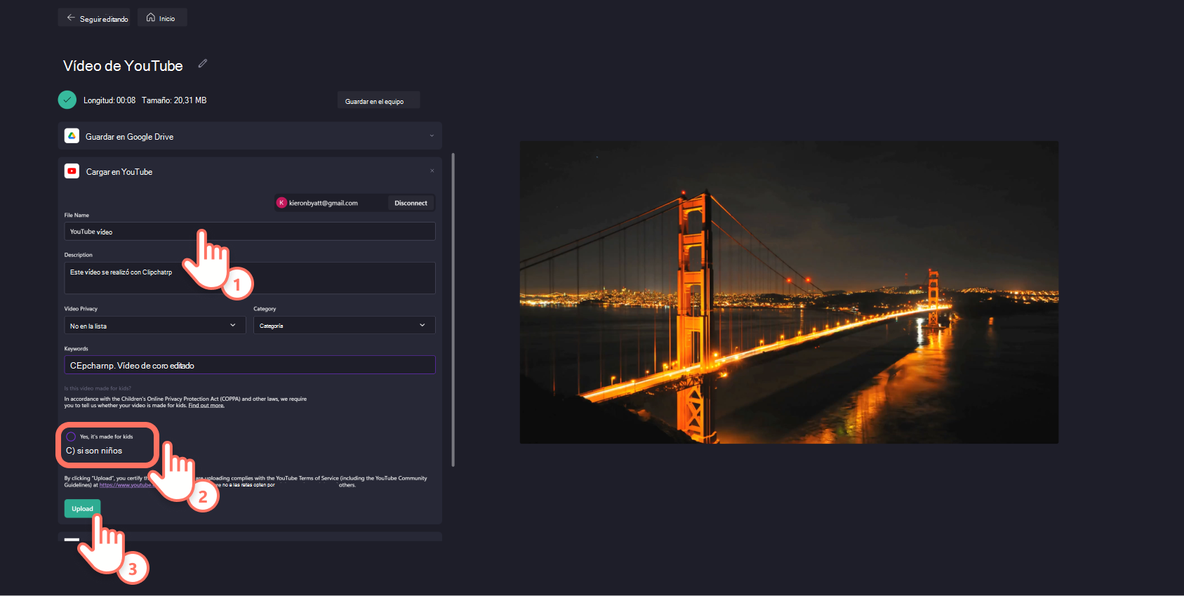 Captura de pantalla de un Clipchamp usuario introduciendo sus detalles de vídeo y subiendo a YouTube.