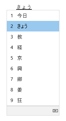 Interfaz de usuario de ventana de conversión de candidato, que muestra los candidatos de conversión de "kyou".