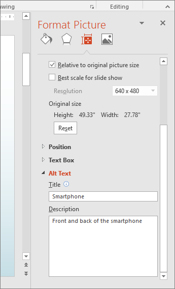 Captura de pantalla del panel Formato de imagen con los cuadros de texto alternativo que describe la imagen seleccionada