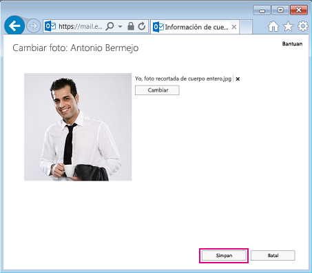 Captura de pantalla del cuadro de diálogo Cambiar foto con el botón Guardar resaltado