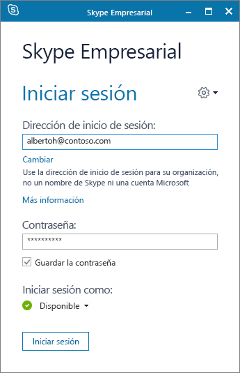 Captura de la pantalla de inicio de sesión de Skype Empresarial.