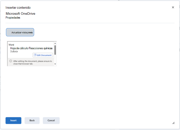 Inserte un archivo de OneDrive en el Editor de Brightspace con el botón Insertar contenido.