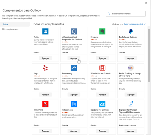 Una captura de pantalla muestra los complementos de la página de Outlook.